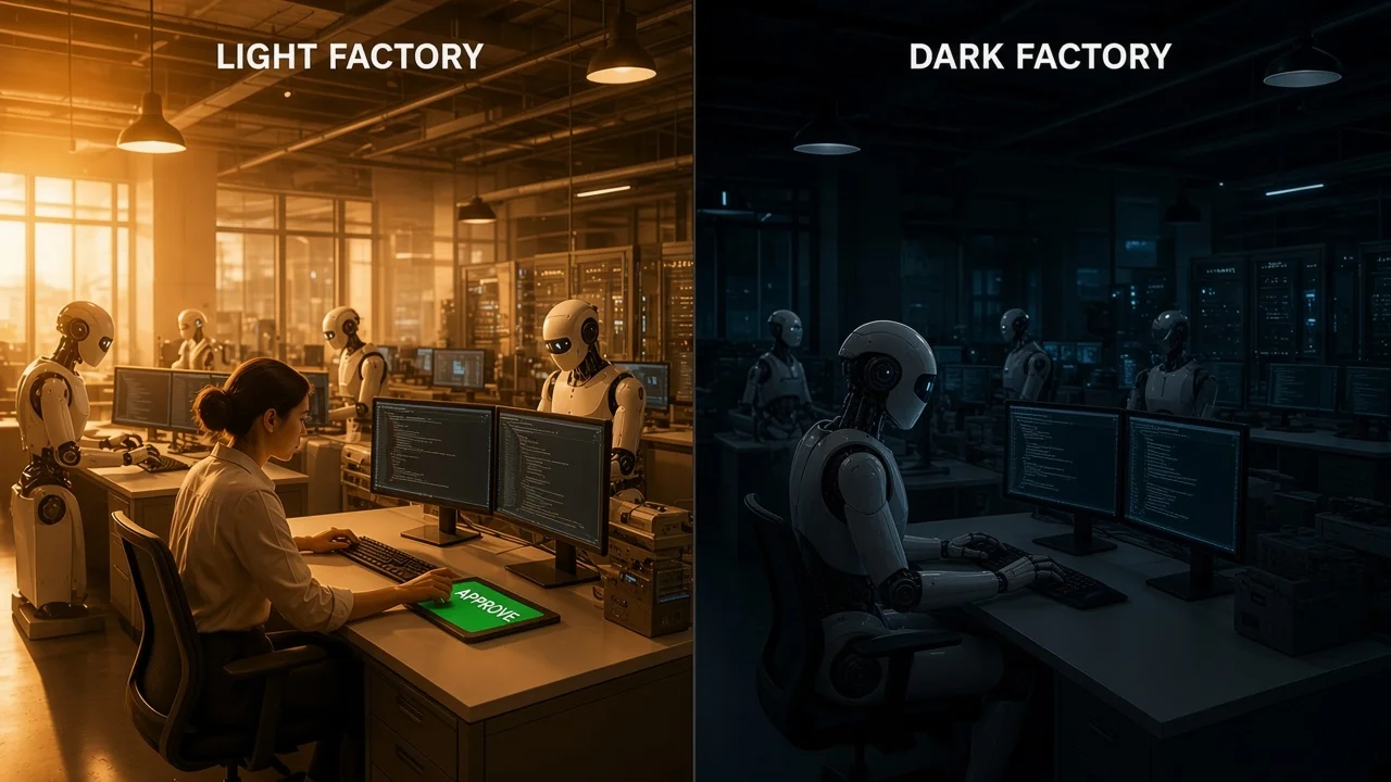 เทียบ light factory ที่ยังมีคนตรวจและอนุมัติ กับ dark factory ที่ปิดไฟ มีแต่หุ่นยนต์ทำงานเอง