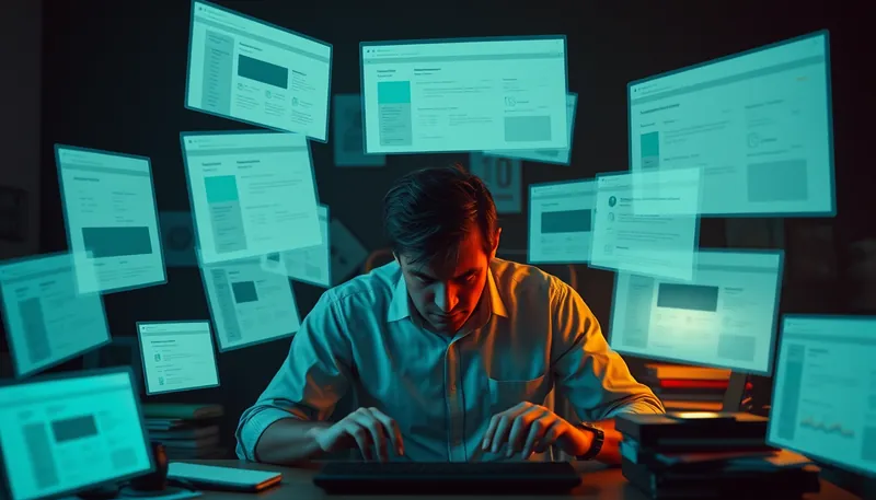 คนทำการตลาดนั่งโต๊ะเหนื่อยล้า รอบตัวเต็มไปด้วยหน้าต่าง dashboard และ settings ลอยอยู่กลางอากาศ ในห้องสีฟ้าเข้มหม่นๆ