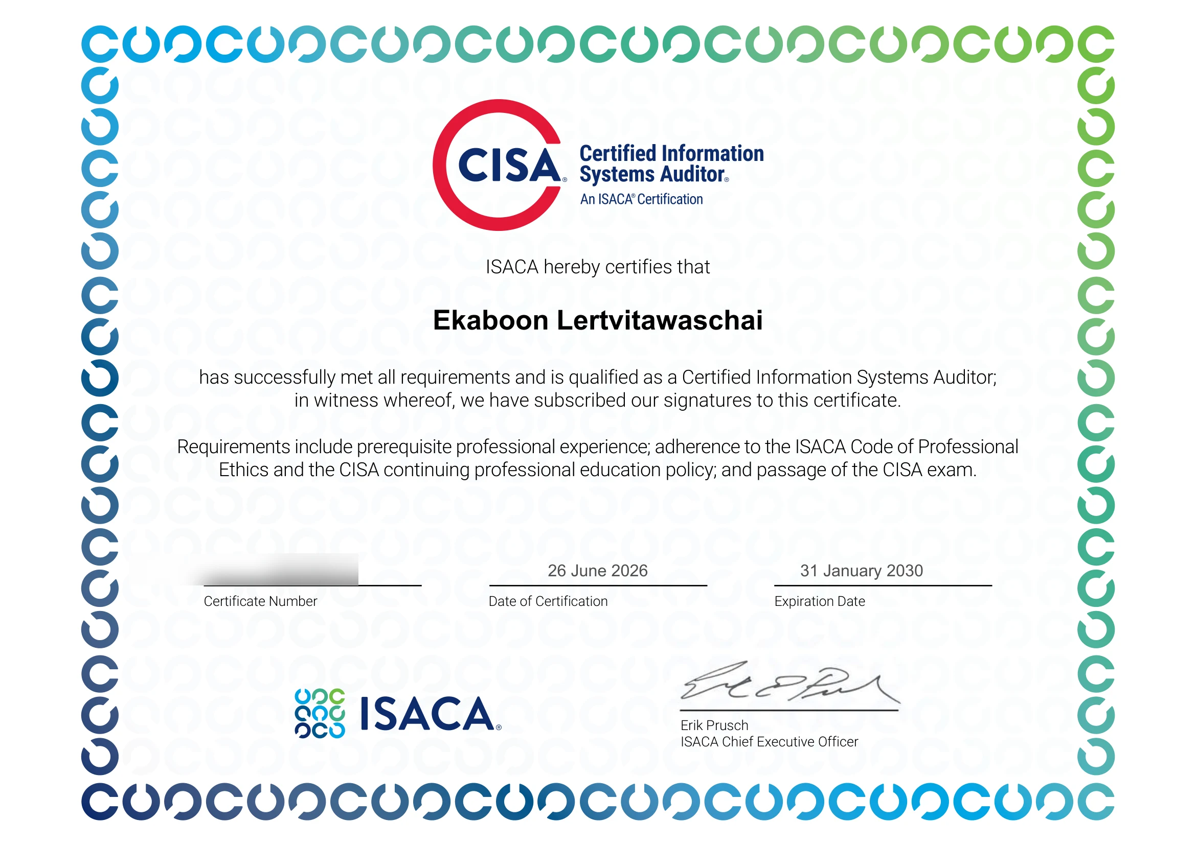วุฒิบัตร CISA — Certified Information Systems Auditor ที่ได้รับจาก ISACA