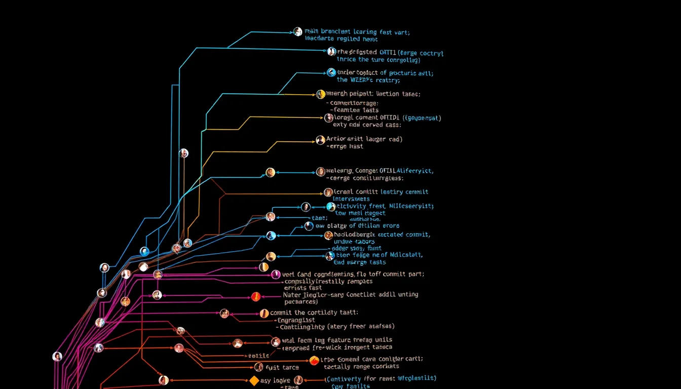 Git branch tree visualization — หลาย branch วิ่งขนาน, มี merge commits