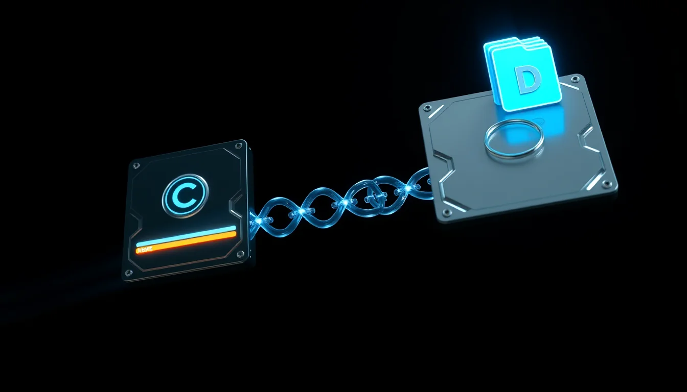 แผนผังการวางไฟล์ — app บน C:, model 22GB บน D: เชื่อมด้วย directory junction