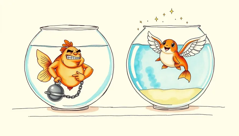 Zones บนของ framework — Excellence (ปลาตัวใหญ่ ego ทะนงตัว แต่ติดโซ่ + ลูกเหล็ก "เก่งแต่ติดกับ") + Genius (ปลาปีก leap ลอยกลางแสง "free joy")